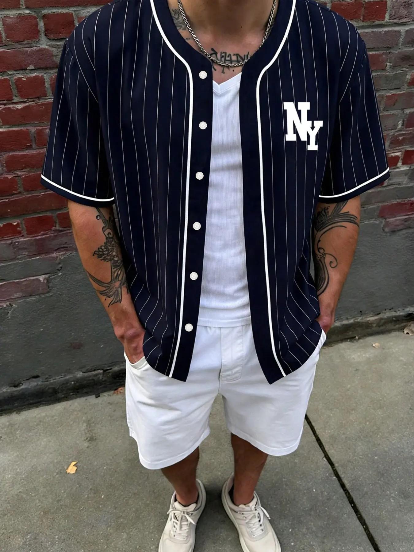 Aesthetic Style Men's New York Sporty All-Over Print Button-Up Baseball Shirt, Casual Striped Knit Fabric, Ideal for Outdoor Activities, Casual Sporty Top
