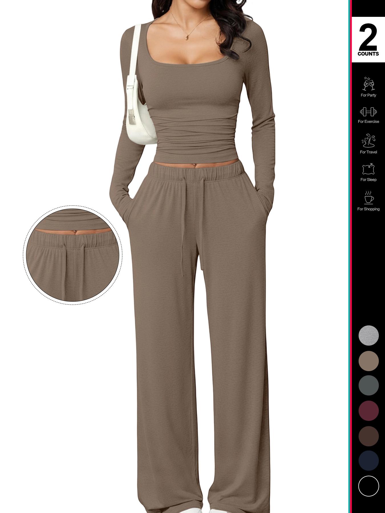 Women's 2 Piece Matching Lounge Set, Square Neck Long Sleeve Crop Top, High Waisted Wide Leg Drawstring Pants with Pockets, Casual Sweatsuit