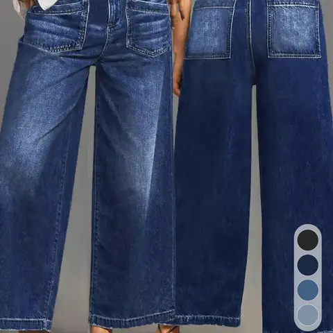 Women's Loose-Fitting Denim Dark Wash Wide-Leg Waist Palazzo Jeans Pants with Pockets, Solid Color Casual Streetwear Fashion Jeans, Comfortable and Stylish for All Seasons Womenswear