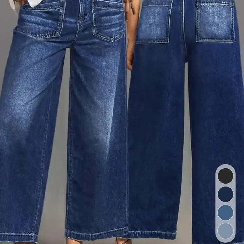 Women's Loose-Fitting Denim Dark Wash Wide-Leg Waist Palazzo Jeans Pants with Pockets, Solid Color Casual Streetwear Fashion Jeans, Comfortable and Stylish for All Seasons Womenswear