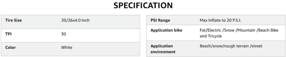 Hycline Fat Bike Replacement Tire/White: 20x4.0/26x4.0 Inch Puncture Resistant Folding MTB Bicycle Tires, All Terrain High-Density Bike Tires with Street or Trail Riding Cycling e bike bikes