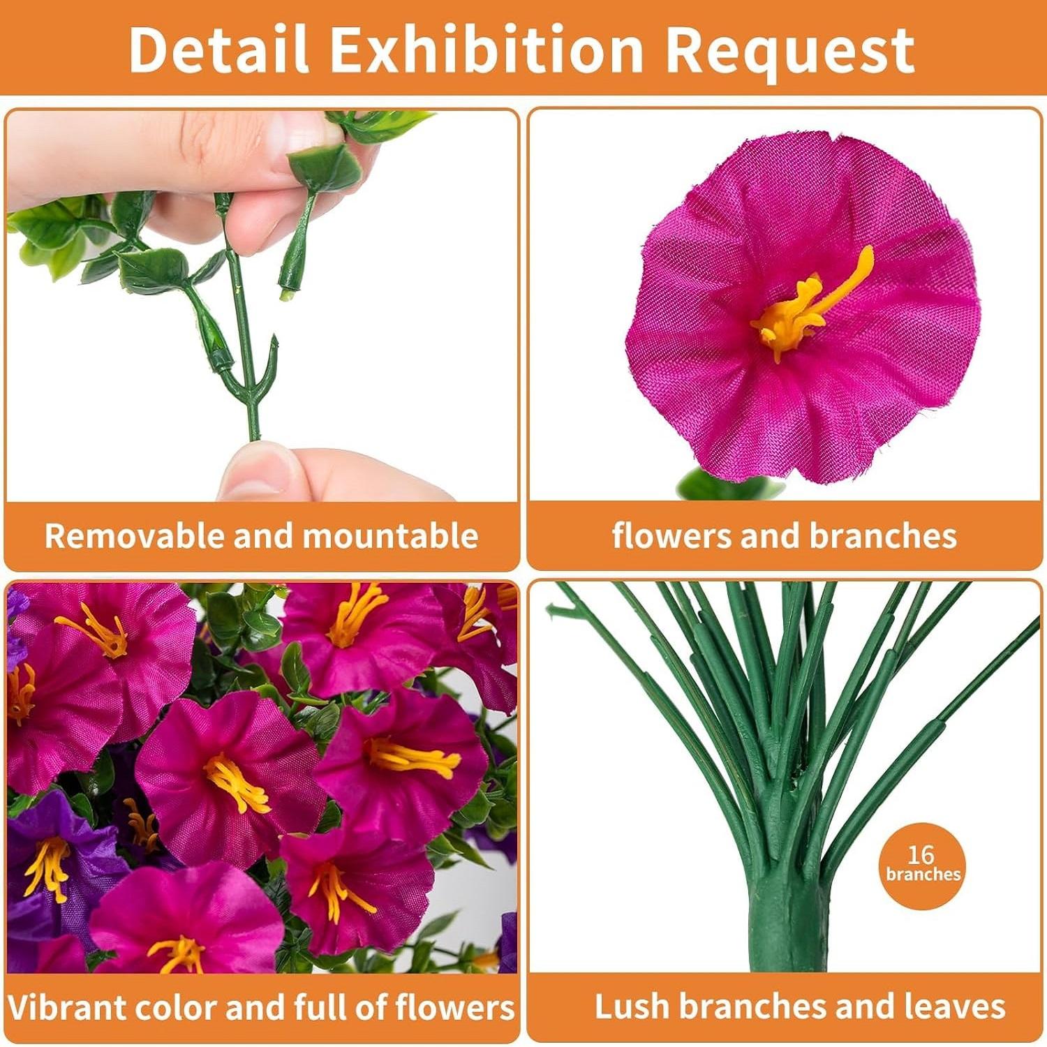 6 PCS Artificial Faux Hanging Flowers Plants for Outdoor Decor,Fake Silk Morning Glory with Eucalyptus UV Resistant Realistic Vines for Wall Home Porch Patio Balcony Yard Decor, Purple and Fuchsia, Artificial Flower Decoration