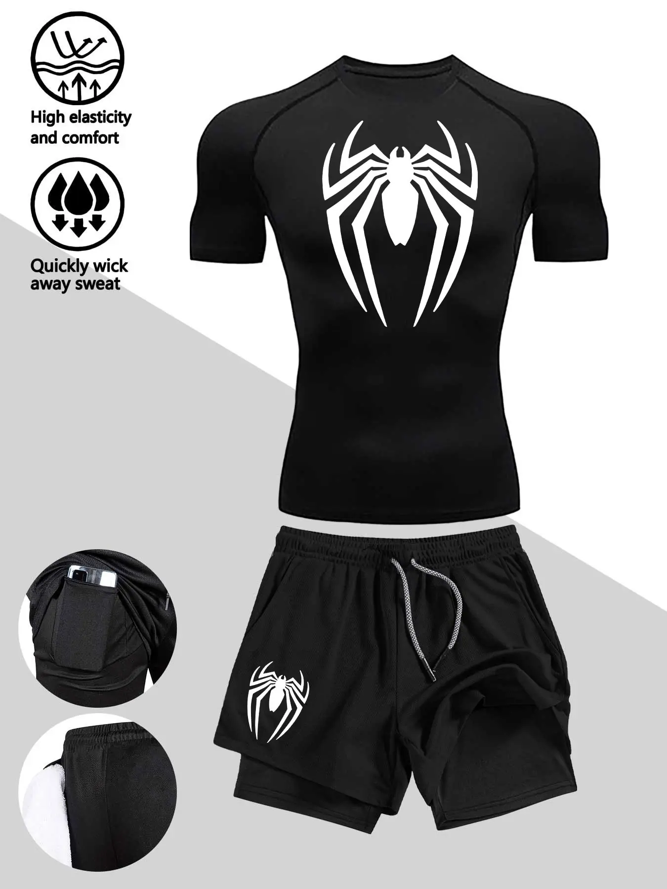 Men's Sportswear Set: Tight Short Sleeve + Gym Shorts, Spider Print, High Elasticity, Breathable, Quick-Dry, Ideal for Fitness, Running, Hiking, Soccer Training, Workout Sets