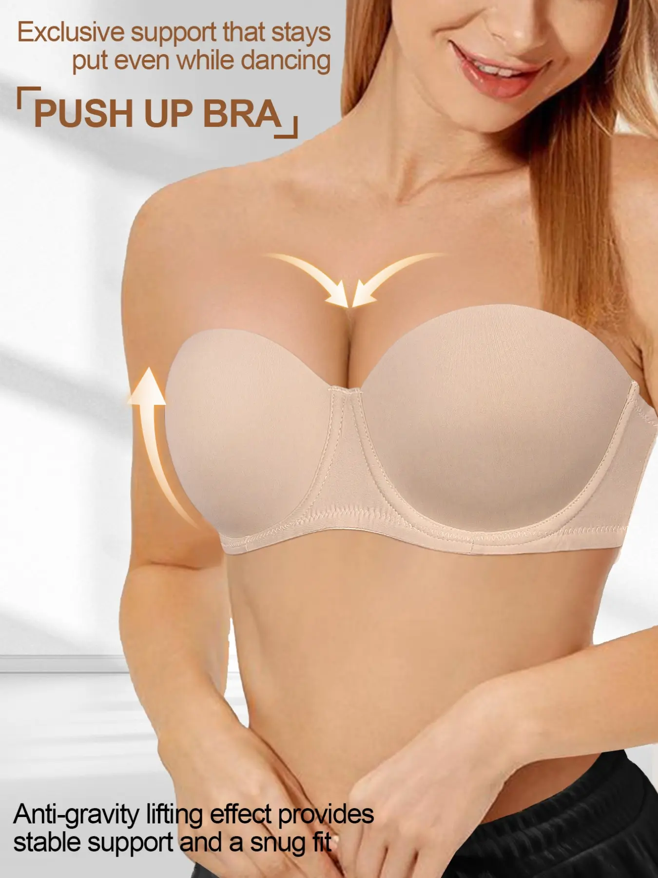 Women's Strapless Push-Up Bralette, Seamless Anti-Slip Design, Detachable Straps, Perfect for Dresses, Tops, Evening Wear