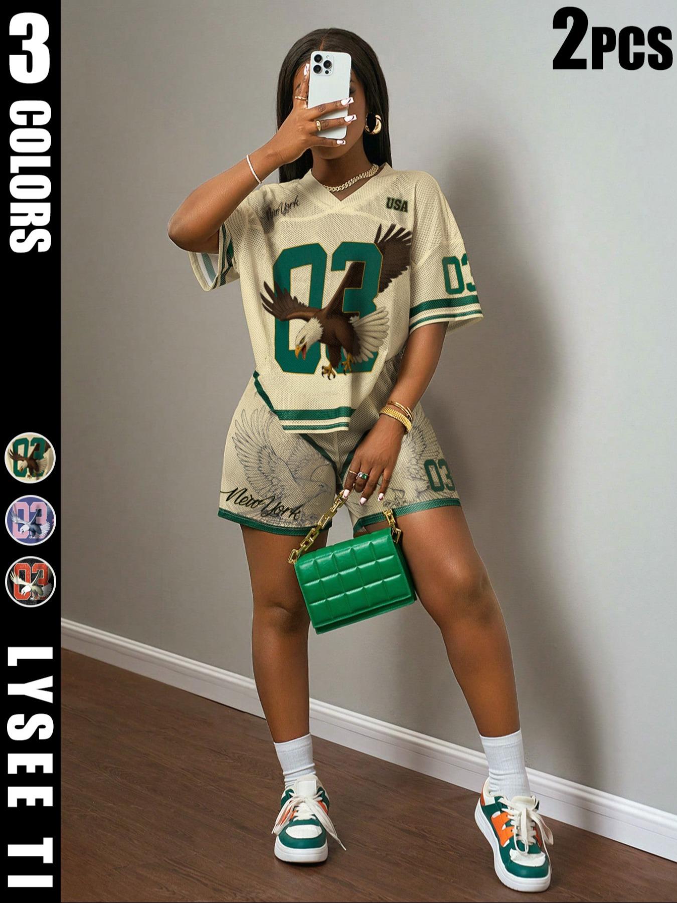 2-piece set of new spring and summer casual street sports style Womenswear V-neck short sleeved loose fitting size 03 "USA" slogan green striped T-shirt+five point apricot mesh shorts set