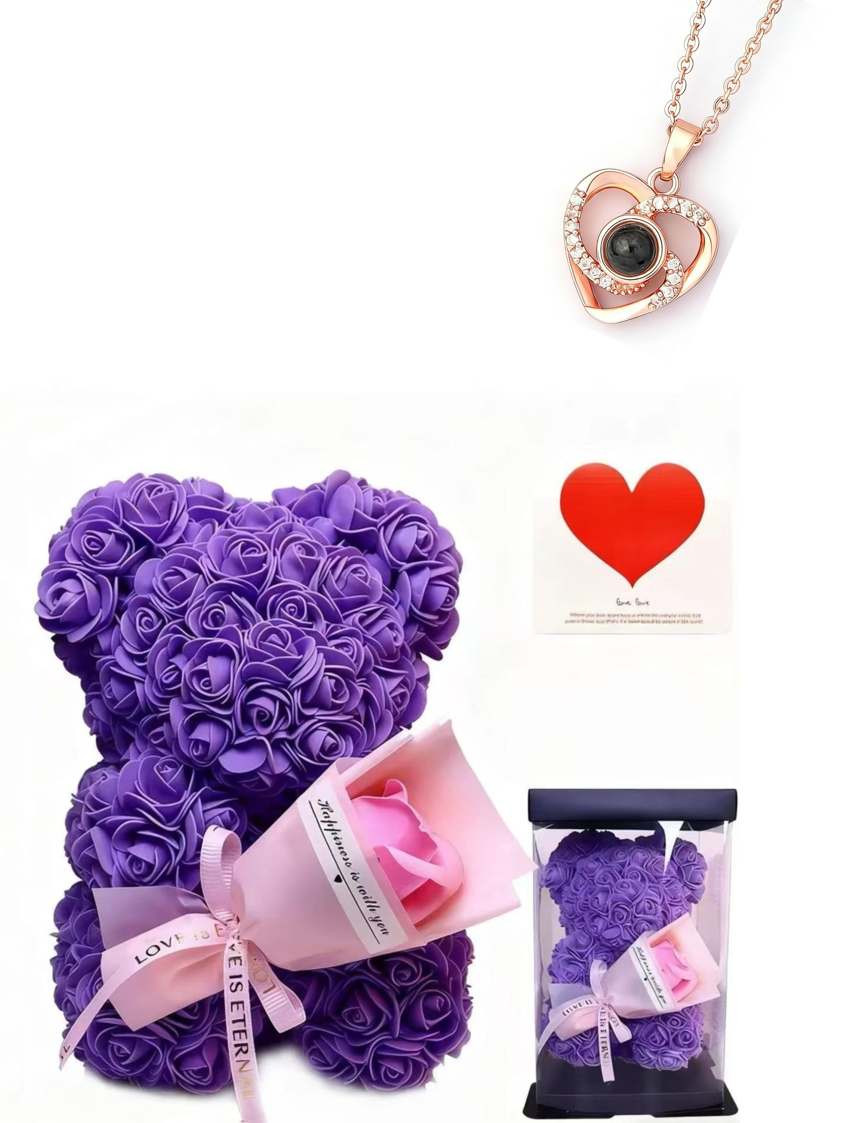 Heart Projection Necklace, 100 Languages, Mother's Day Gift, Eternal Rose Bouquet, Foam Flower Bear Box, Valentine's Day Present