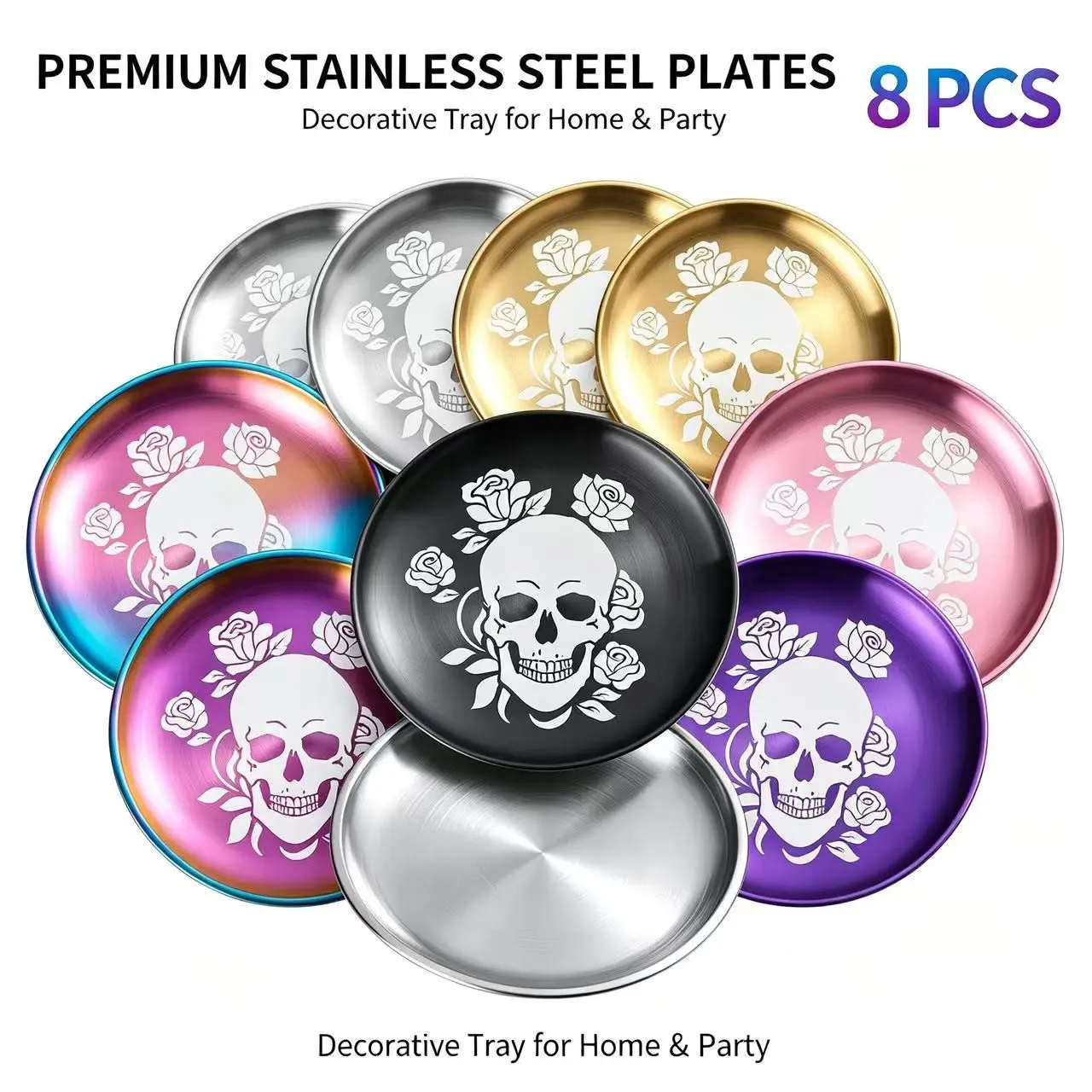 6/8 Piece Stainless Steel Plate Set, Skull Pattern Outdoor Diningware, Perfect for Halloween Parties, Durable and Stylish Tableware