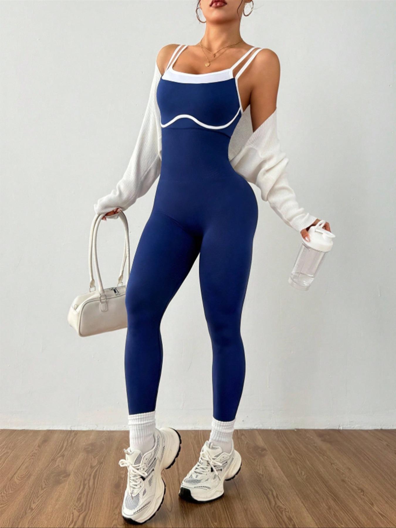 Women's Colorblock Adjustable Straps Sporty Jumpsuit, High Stretch Knit Waistband, Casual Fashion Yoga Pants, All Seasons Wear, Backless Sports Jumpsuit
