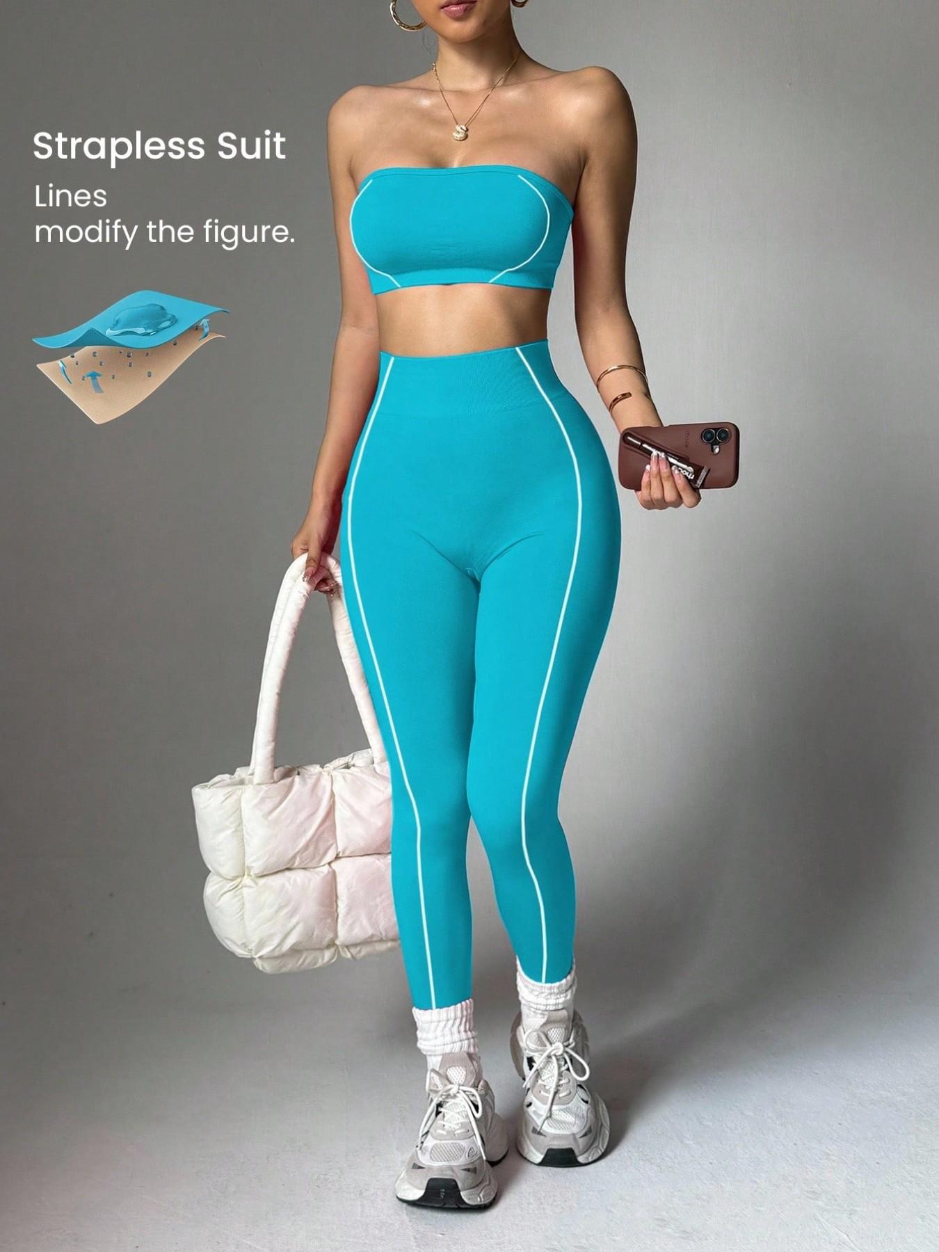 Two-piece seamless yoga sportswear set for women, chest wrap + tights, silicone breast design to prevent sliding, suitable for all seasons, comfortable and breathable, suitable for cycling, fitness, running, yoga, sports, fitness and leisure wear