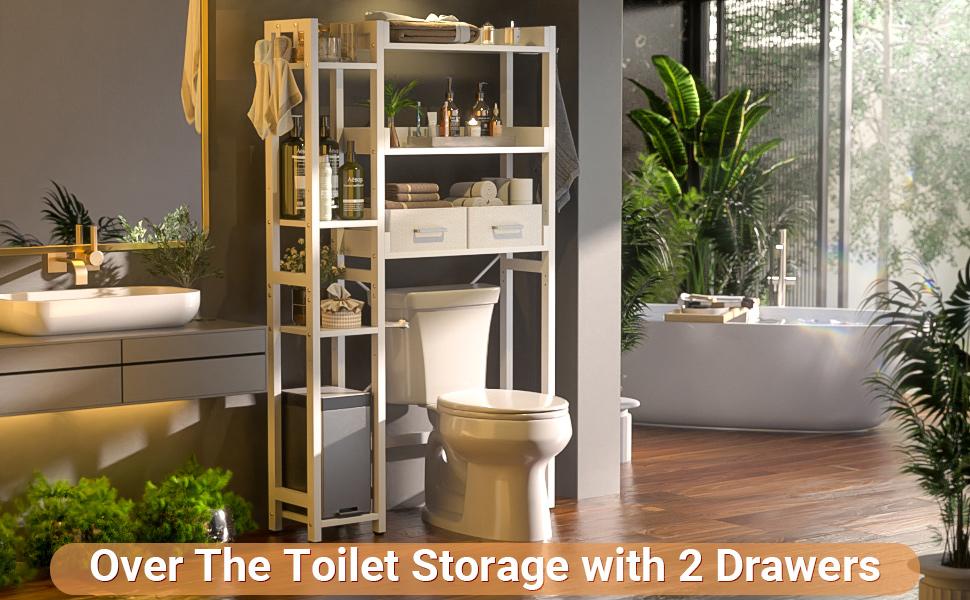 Over The Toilet Storage with 2 Drawers, 7 Tier Bathroom Organizer with Adjustable Shelf,Freestanding Space Saver Storage Rack with 4 Hooks