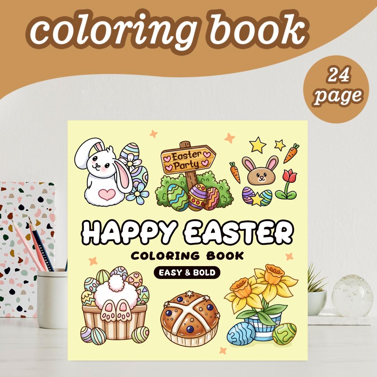 Happy Easter Coloring Book Theme, Cute Coloring Book, 24 Bold Stress-Relief Designs, 7.9in X 7.9in Perfect Size, Thick Paper, Gift for Adults Kids Teens