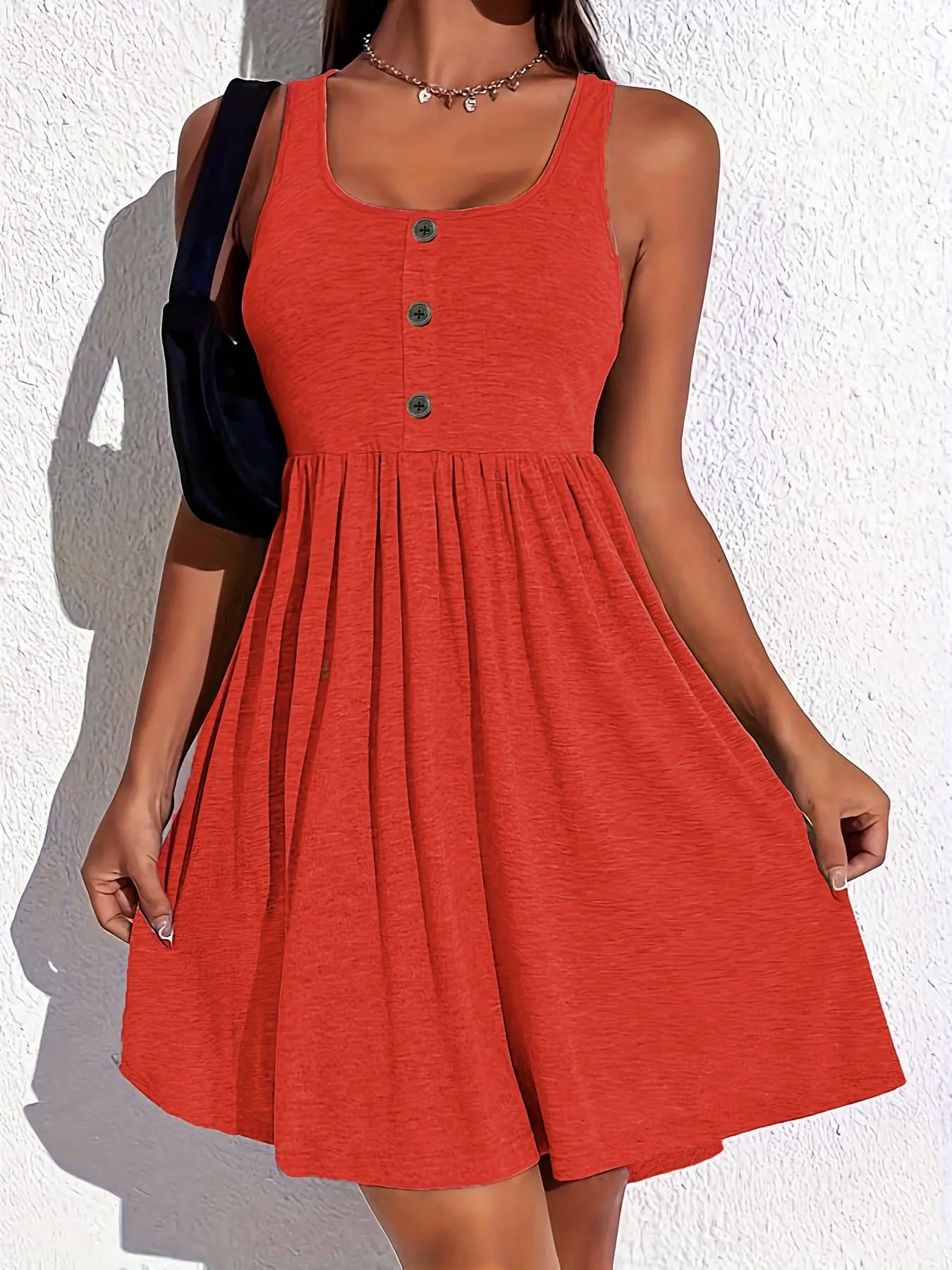 Plus Size Plain Fake Buttons Scoop Neck Fitted Stretchy Jersey Tank Dress, Casual Sleeveless A Line Feminine Aesthetic Dress, Summer Clothes Women, Women's Clothing, Dresses for Women, Women's Clothes for Daily Wear, Plus Size Women's Clothing, Womenswear Plus Size Plain Fake Buttons Scoop Neck Fitted Stretchy Jersey Tank Dress, Casual Sleeveless A Line Feminine Aesthetic Dress, Summer Clothes Women, Women's Clothing, Dresses for Women, Women's Clothes for Daily Wear, Plus Size Women's Clothing, Womenswear