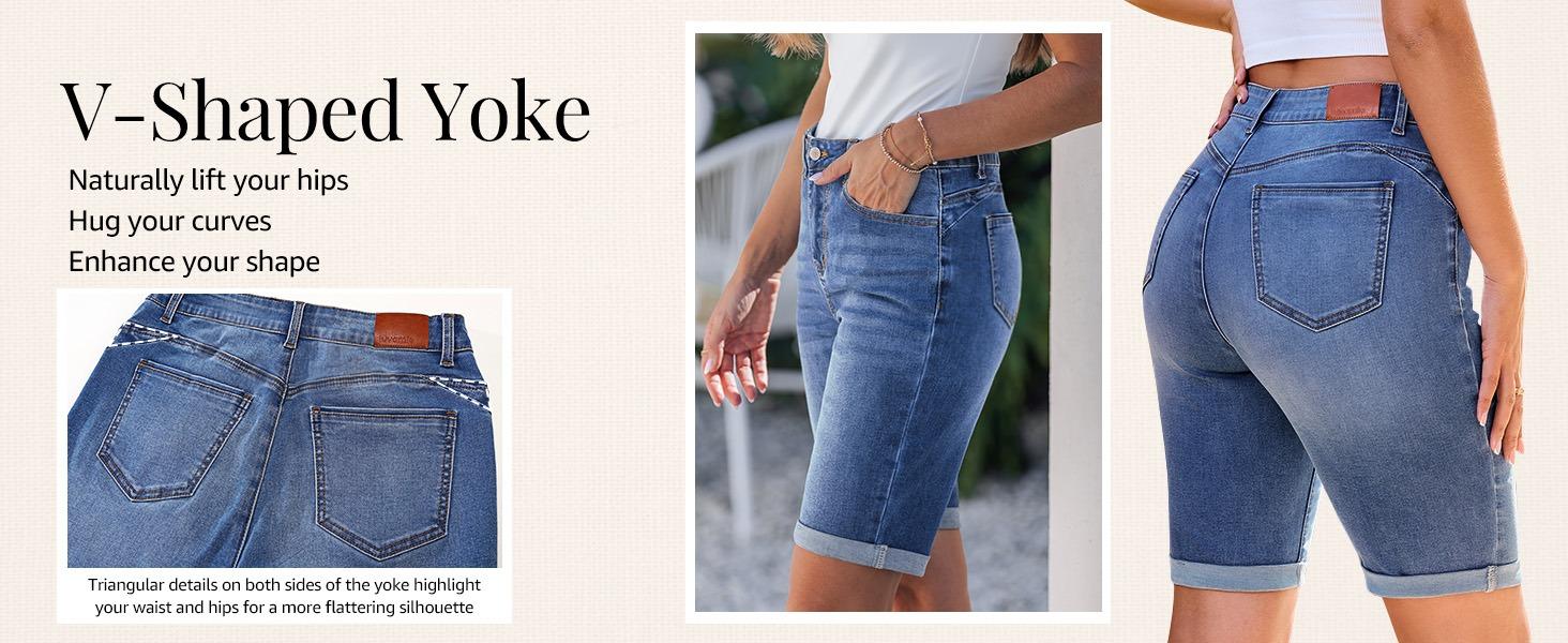 luvamia Bermuda Jean Shorts for Women Knee Length High Waisted Trendy Cuffed Hem Long Stretchy Denim Shorts Summer Jorts