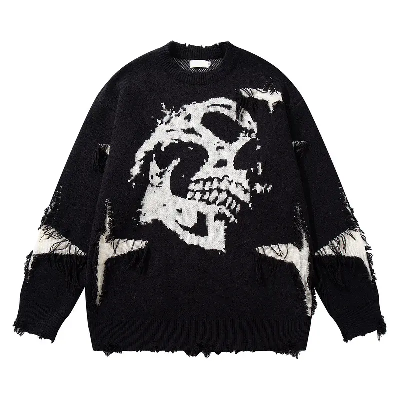 Unisex Distressed Skull Star Fringe Knit Sweater, Grunge Gothic Oversized Ripped Jumper, Y2K Dark Aesthetic Sweater For Men And Women