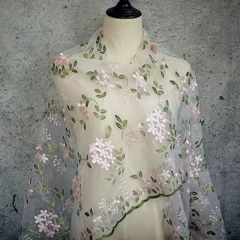 Pastel pink lilac floral embroidery tulle fabric by the yard, green leaf sheer mesh lace for wedding dresses, bridal veils, and DIY sewing crafts