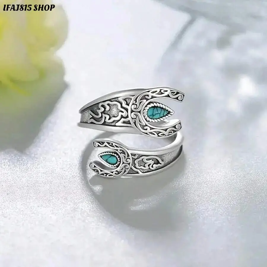 Women's 925 Sterling Silver Vintage Turquoise Gem Ring - Adjustable Fit, Boho Engraving, Hypoallergenic Comfort, Handmade Retro Statement Jewelry, Daily Wear Gift for Her Special Occasions, Dry Wipe Clean