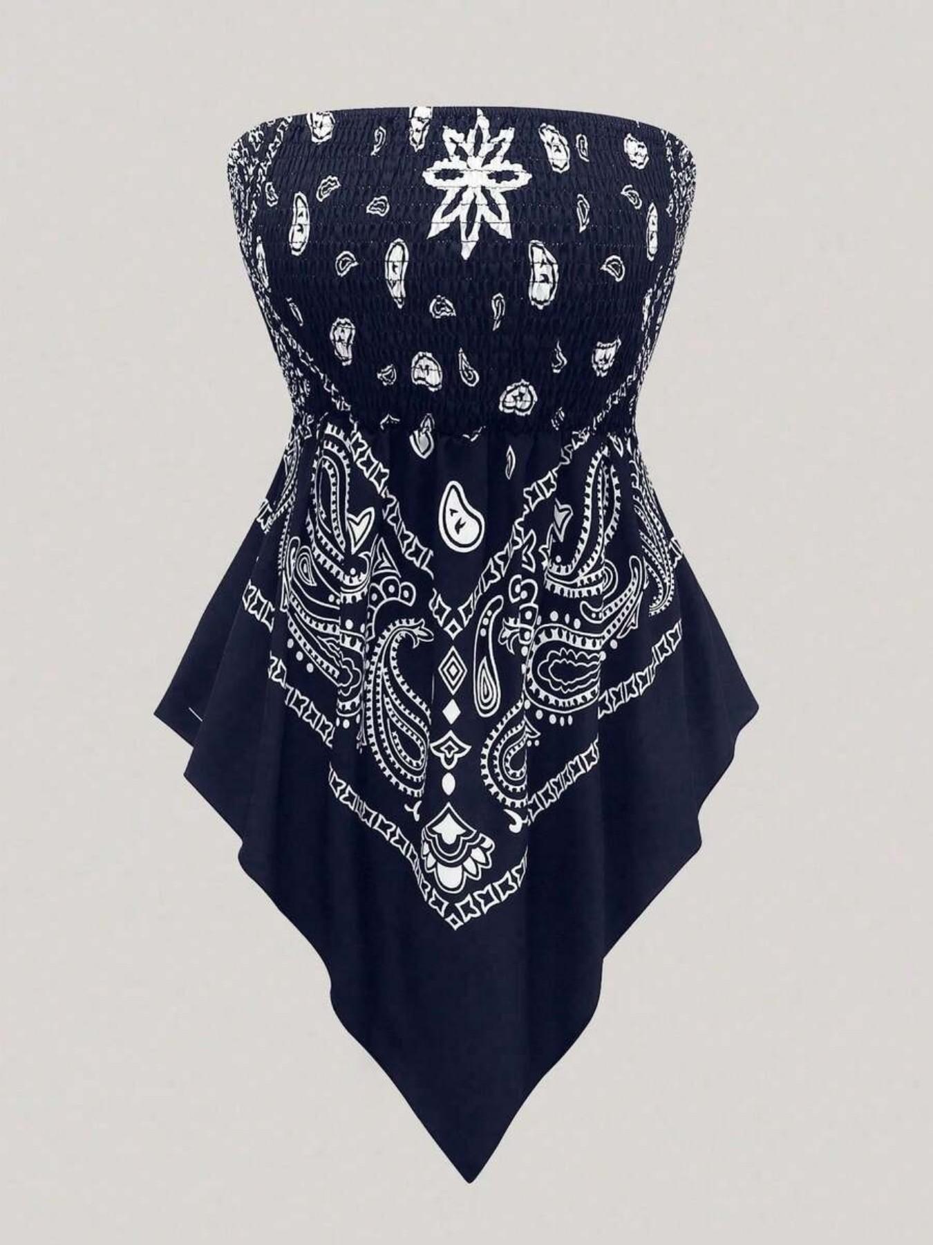 Plus Size Women's Ethnic Print Strapless Top, Bohemian Style Asymmetrical Hem Tube Top, Casual Summer Fashion Top