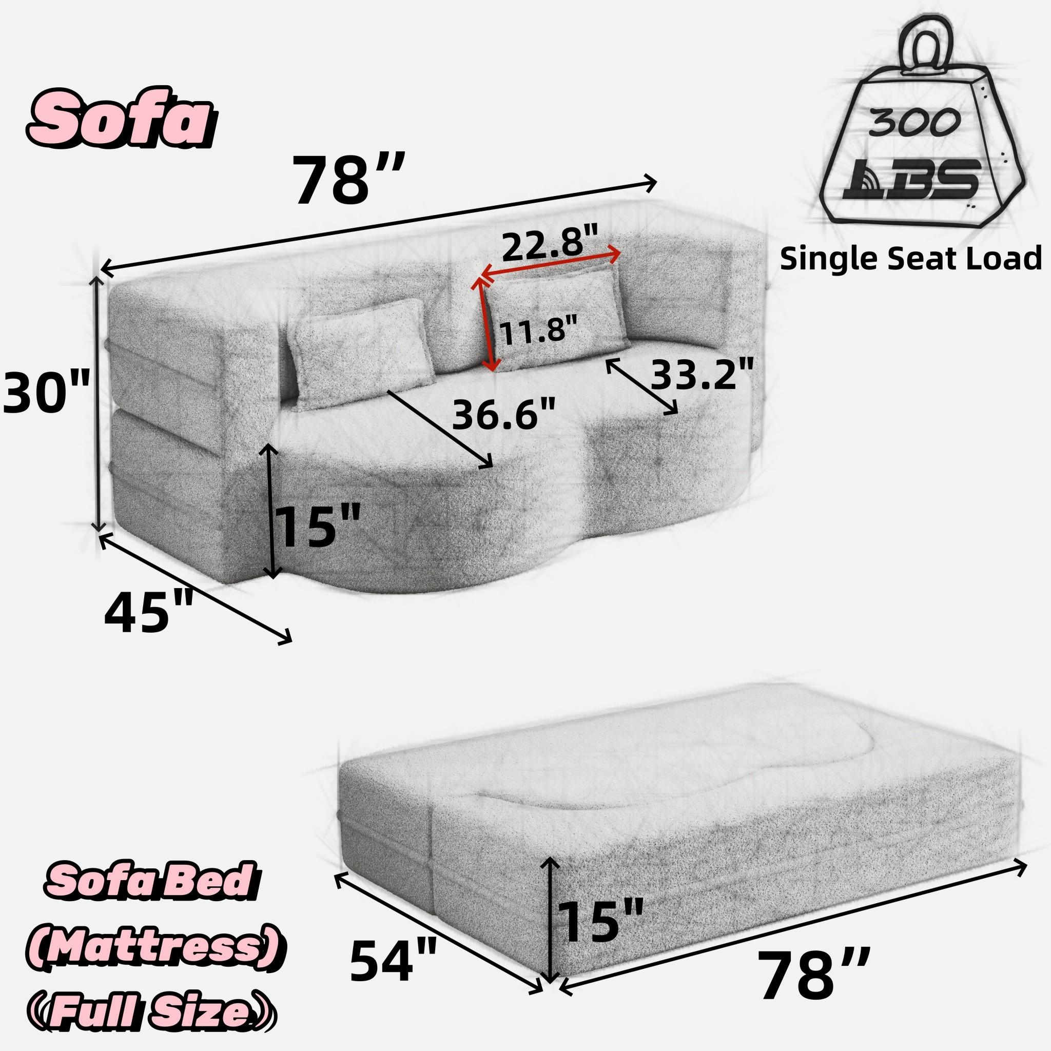 Eyisean 78in Corduroy Upholstered Padded Seat Sleeper Sofa Bed - Modern 2-in-1 Full-Size Foldable Durable Polyurethane Foam Mattress with 2 Pillows, Boneless Couch for Living Room/Dorms, 78"l x 54"w x 30"h, No Assembly Required for Everyday Relaxation