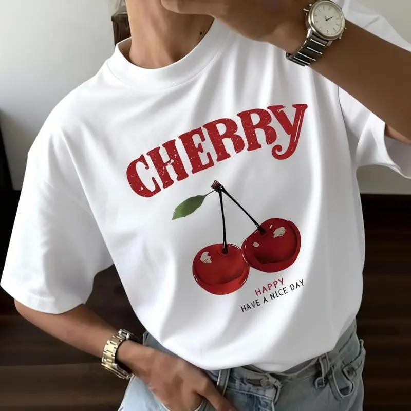 Vintage Distressed Cherry Graphic Casual Short Sleeve Shirt, Relaxed Fit Soft Breathable Tee With Premium Printed Craft, aesthetic womens summer clothing, sweet summer outfits women, retro fruit pattern daily top perfect for summervibes, fashionable adult