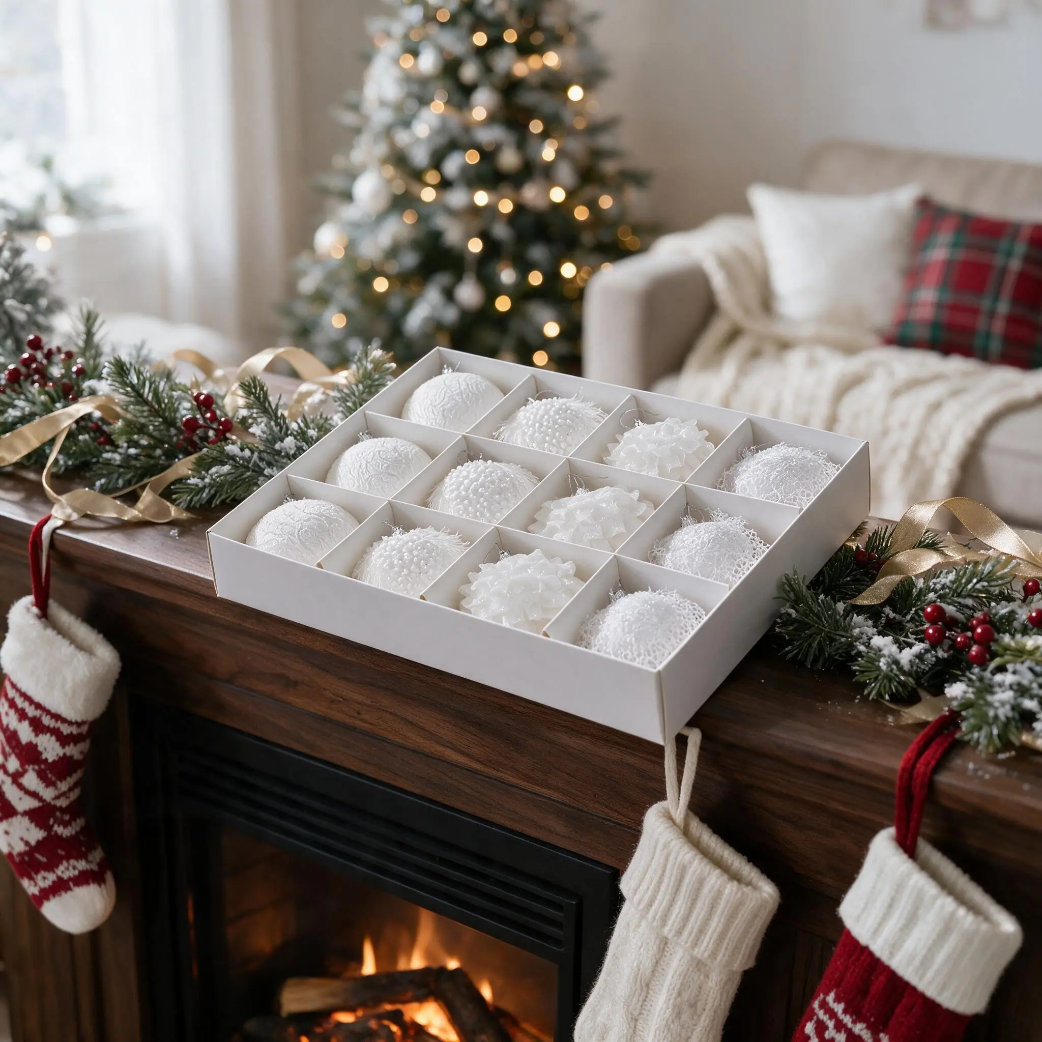 12-Pack 8cm Pure Christmas Decorative Balls, 4 Unique Snowflake Ornaments, Lace Pearl Feather Designs, Gift-Ready Packaging