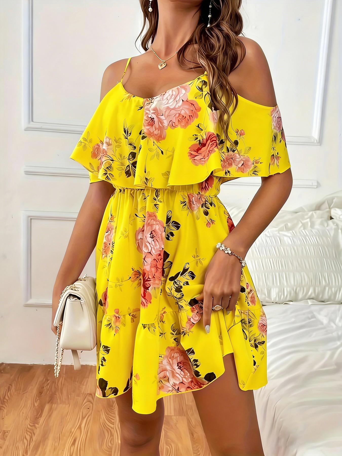 Women's Summer Casual Fashion Backless Strapless Ditsy Floral Dress, Boho Vacation Style Slimming Fit, Short Sleeve Fitted Dress