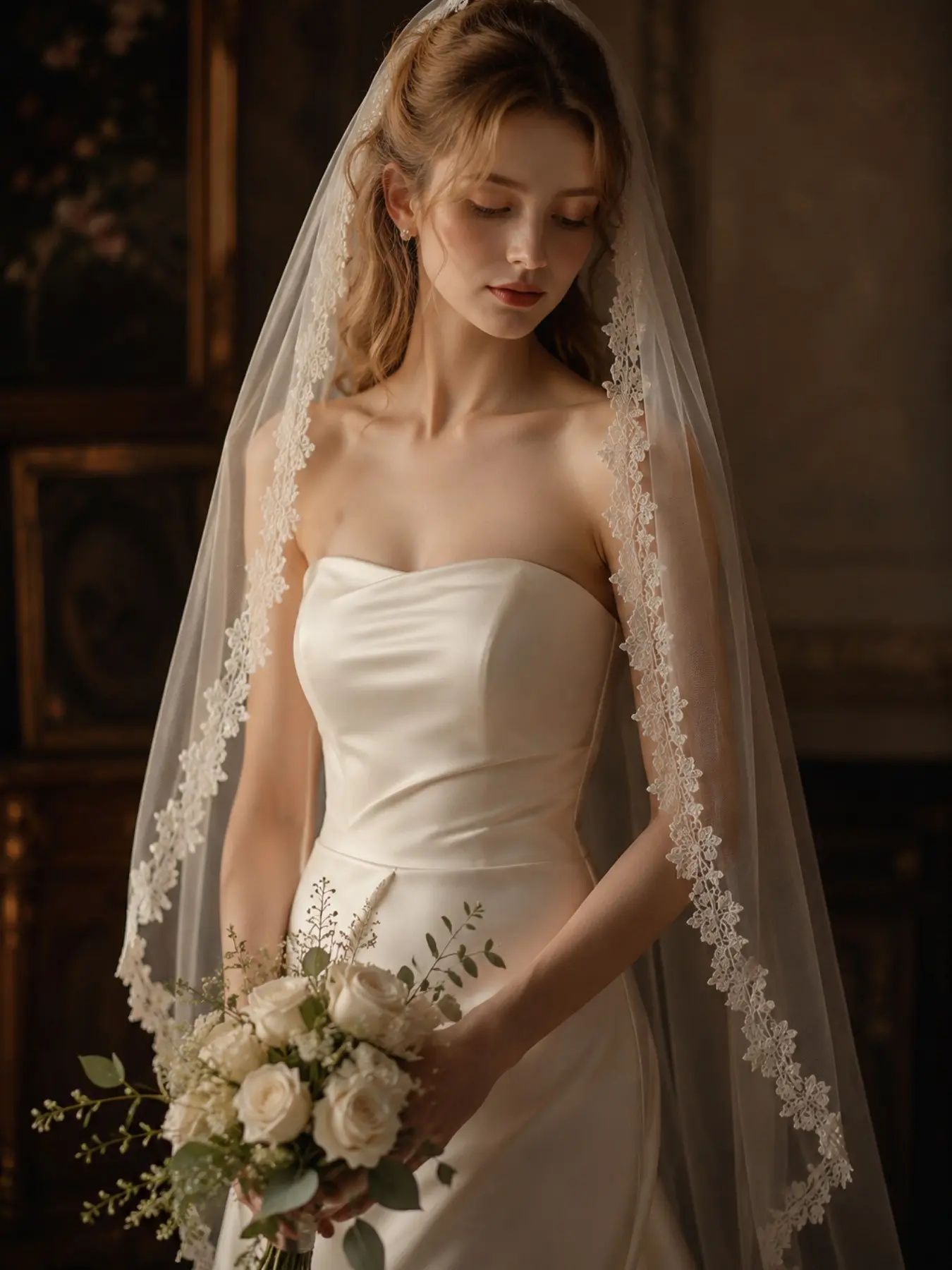 A 1-meter long ivory tulle wedding veil with lace trim, a vintage golden castle-style bridal veil, trailing veil, Wedding Veils for Brides, and dreamy wedding accessories, perfect for European bridal portrait photography.