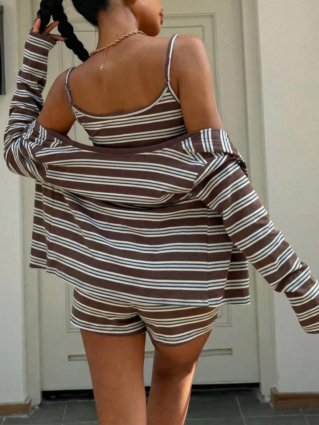 Striped Knit Women's Casual Striped Tank Top Jacket Shorts Set, Millennial Sweet Style, Streetwear Lounge, Ladies Three-Piece Ensemble