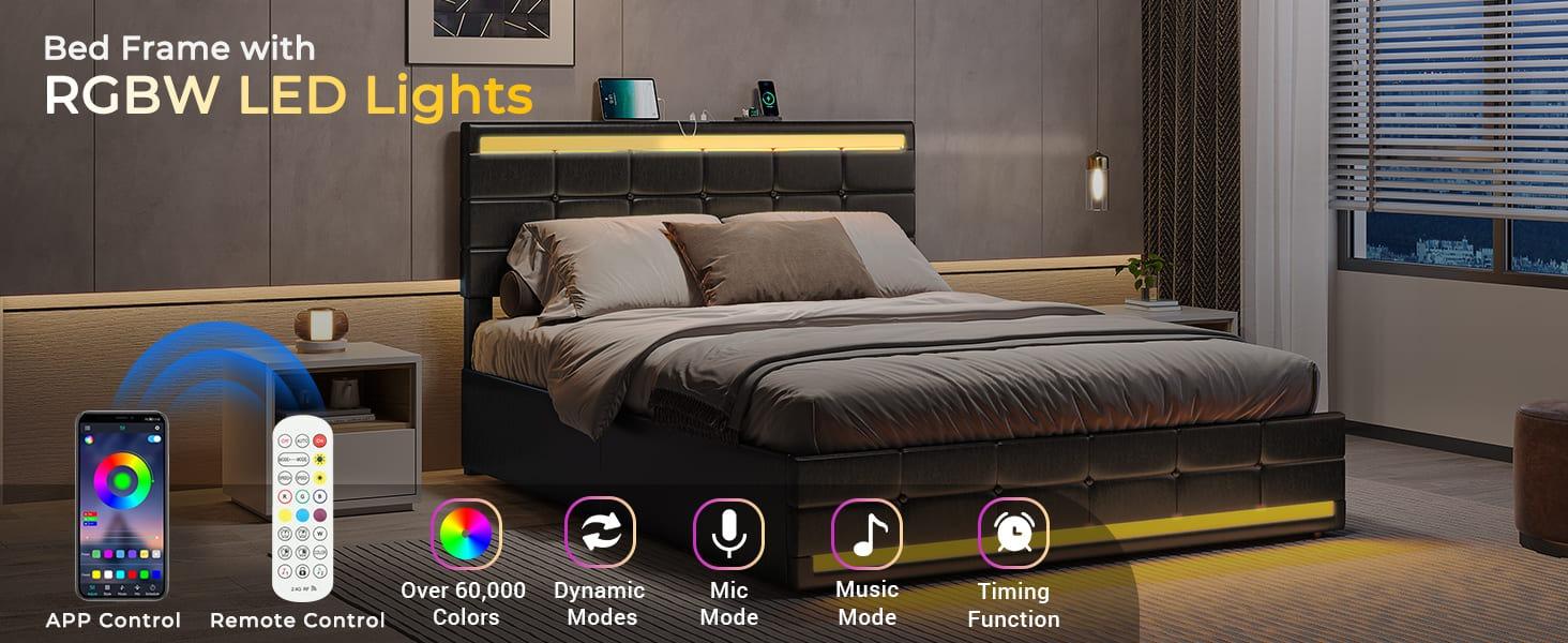 Sikaic 4 Storage Drawers LED Bed Frame With Leather Platform Adjustable Headboard Storage Drawers And Charging Station Black Bedroom Set Unique