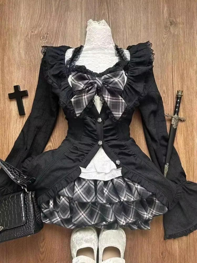 Japanese Sweet Preppy Style Skirt Set Women Kawaii Lace Patchwork Bow Tops +   Plaid Mini Skirt Elegant Outifits 2 Piece Set
