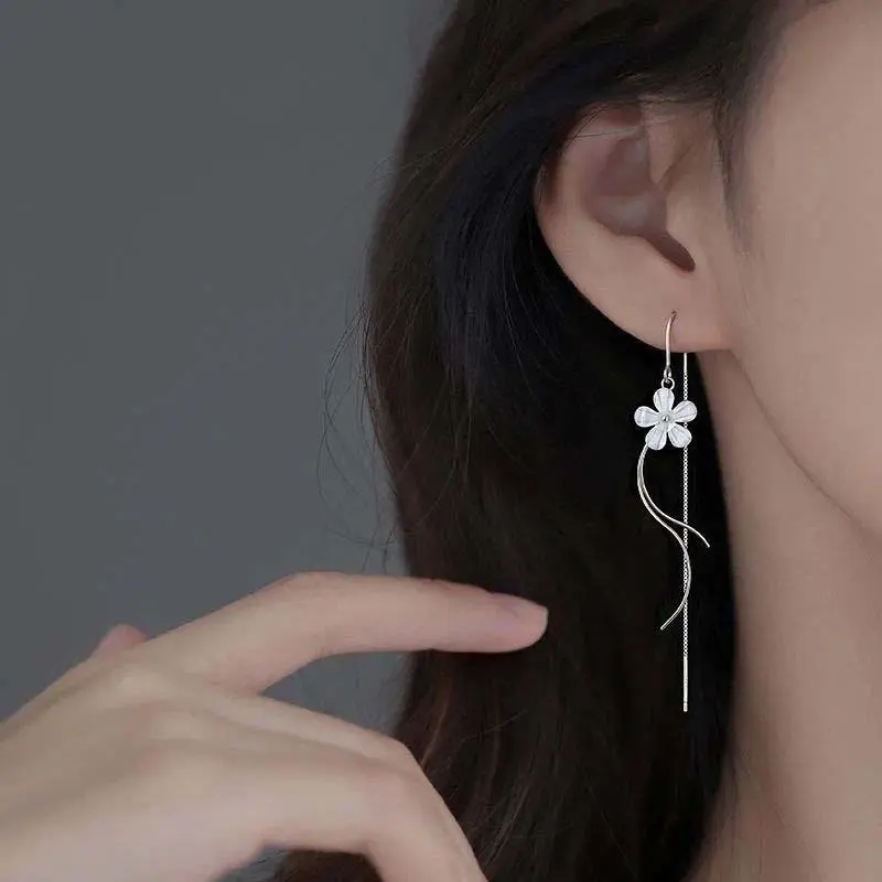 Simple Peach Blossom Dangle Earrings for Women Silver Color Long Tassel Chain Drop Earrings Piercing Line Trendy Ear Jewelry