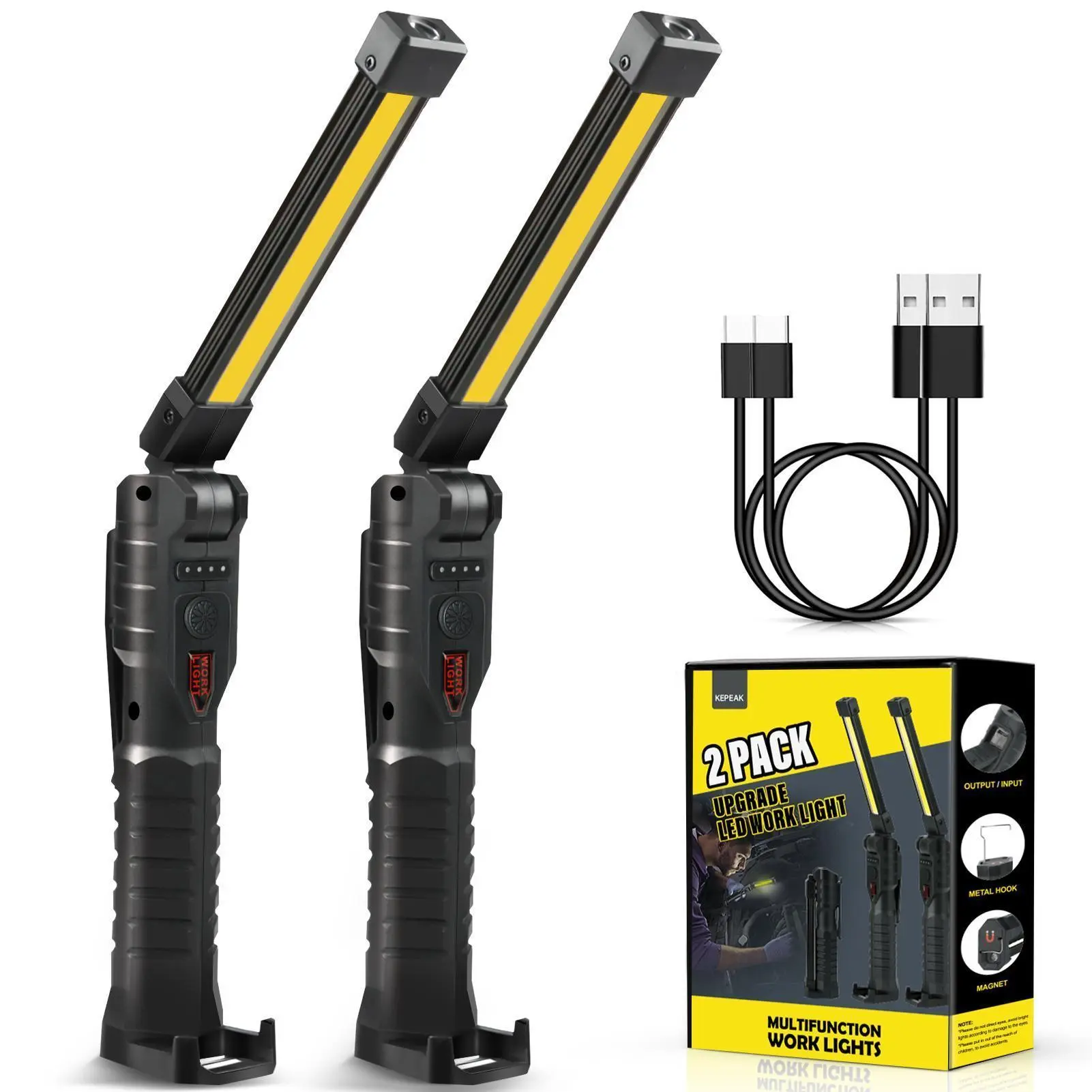【BackToSchool】USB-C Rechargeable LED Work Flashlight (1Pack/2Pack) - Compact Foldable ABS Plastic Front Light with Magnetic Base, Hook, 360° Rotation, 5 Modes, Included Batteries, Tools and Gadgets for Car Repairs, Night Fishing, Home Improvement, Garage