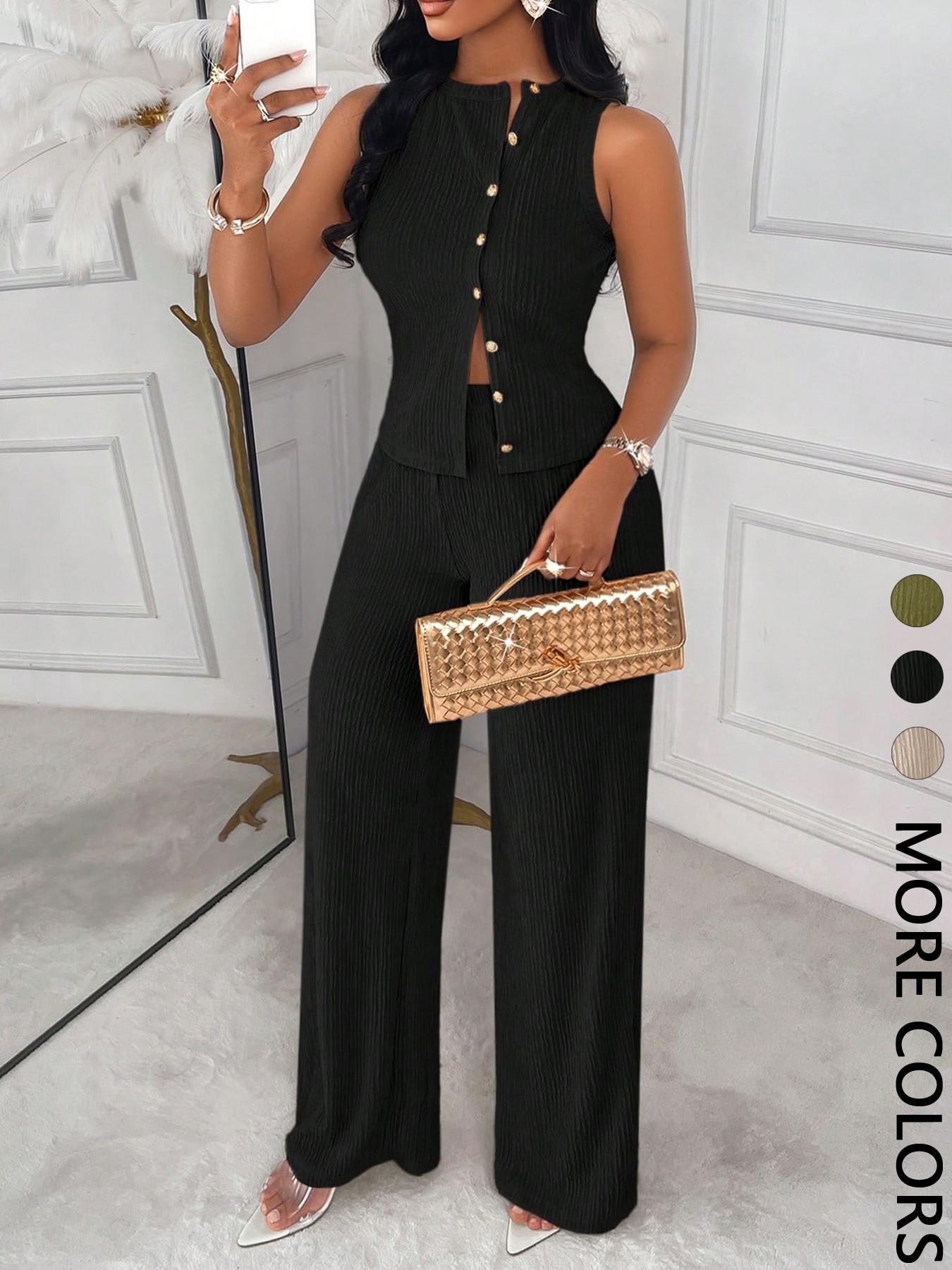 Women's Elegant Business Style Two-Piece Set, Sleeveless Top & Straight Leg Pants, Summer Commute, New Arrival