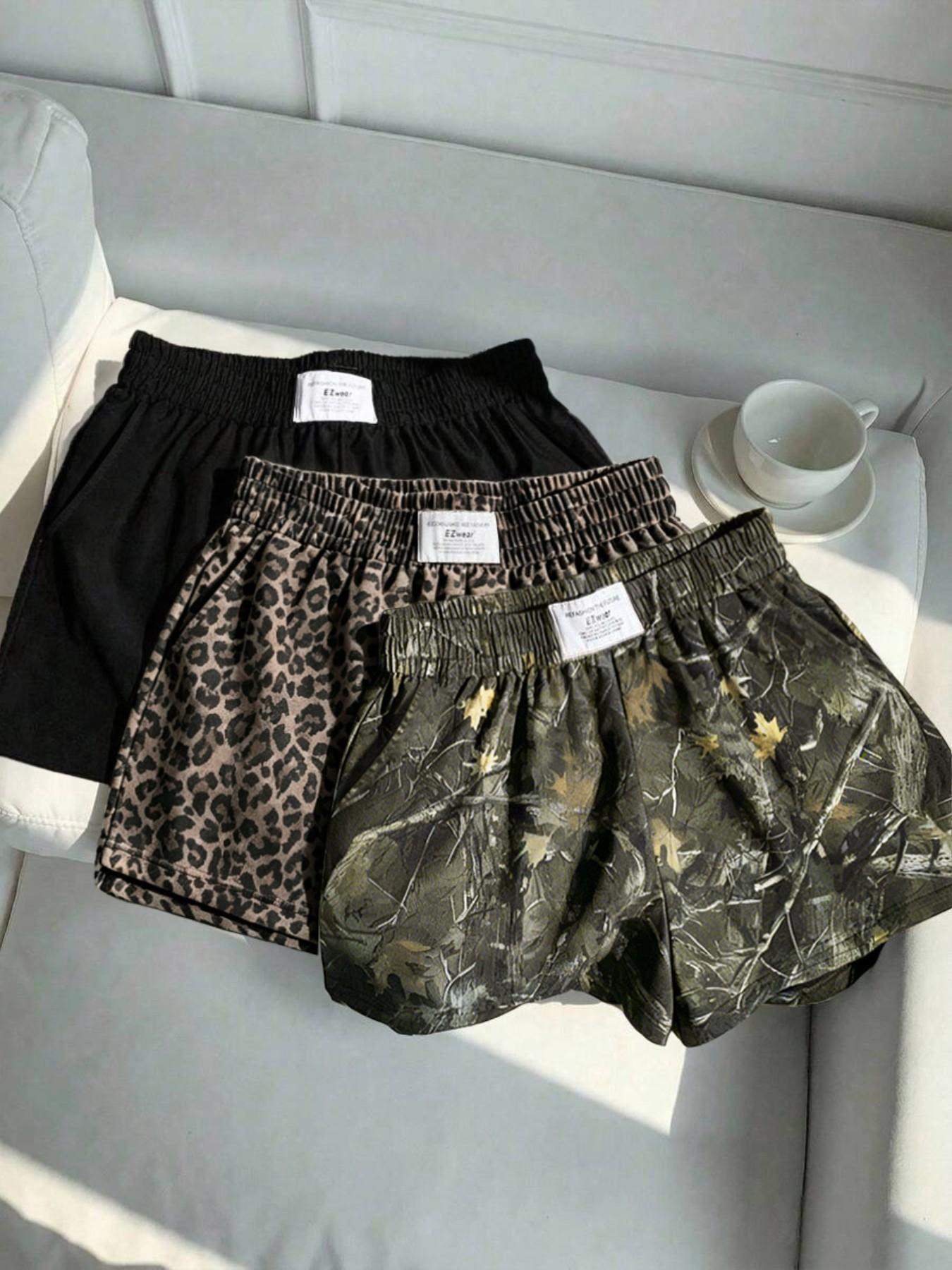 3-Pack Women's Summer Solid + Camo Tree Pattern + Leopard Print Logo Side Pocket Loose Sporty Shorts, Elastic Waist Design, Essential Shorts for Casual Outdoor Wear, Sports Fitness, and Street Style Outfits