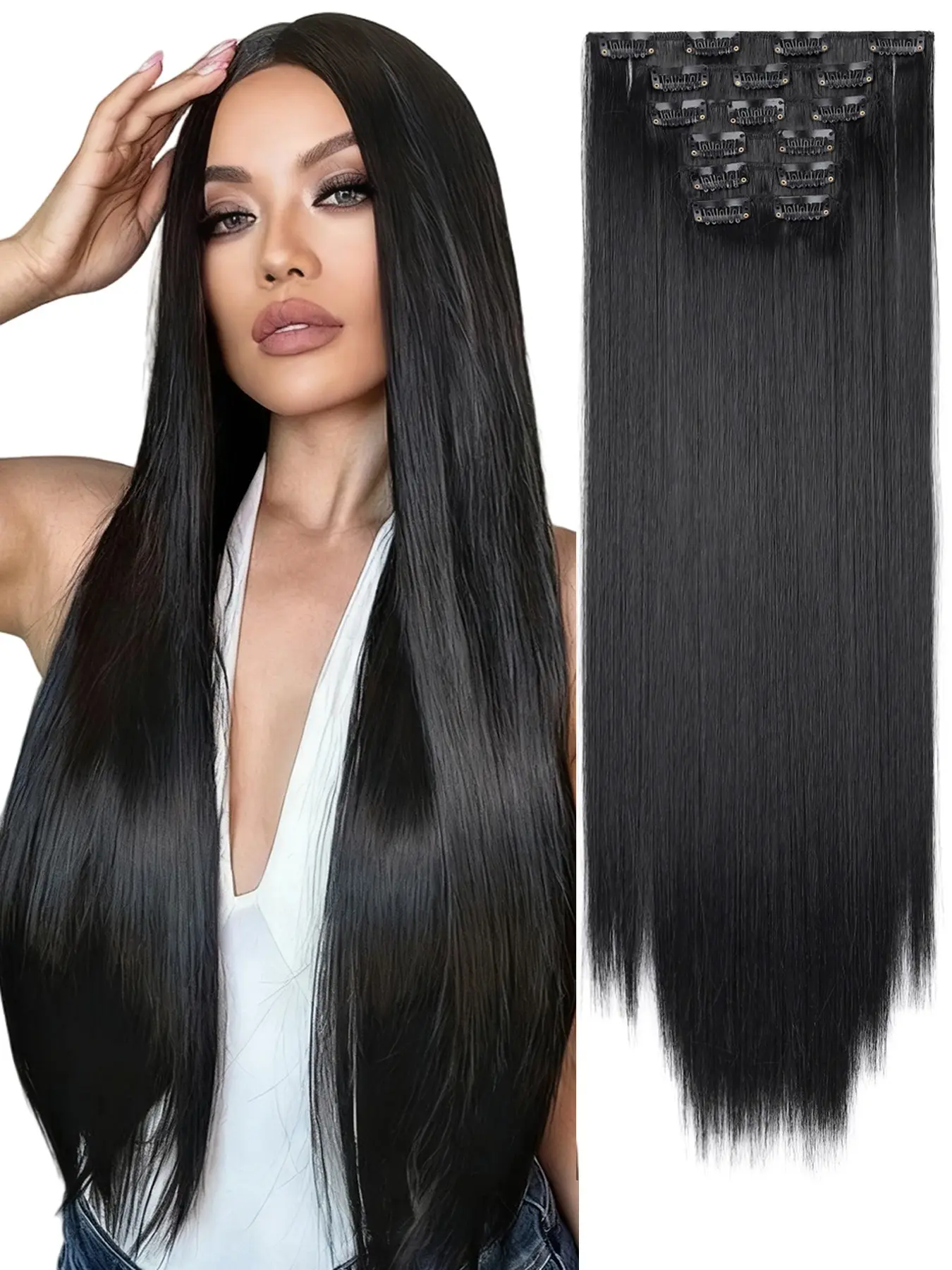6 Pcs Clip In Hair Extensions Set, Long Straight Heat Resistant Synthetic Hair, Artificial Hair Extension, Natural Invisible Soft Hairpieces for Women, Daily & Festival Use, Invisible Clip Ins