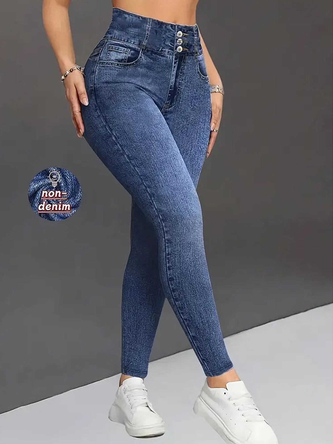 Women's High Waisted Stretch Denim Look Bottoms, Slim Fit Long Pants, Casual Sporty High Waist Butt Lifting Breathable Inner Layer Outerwear