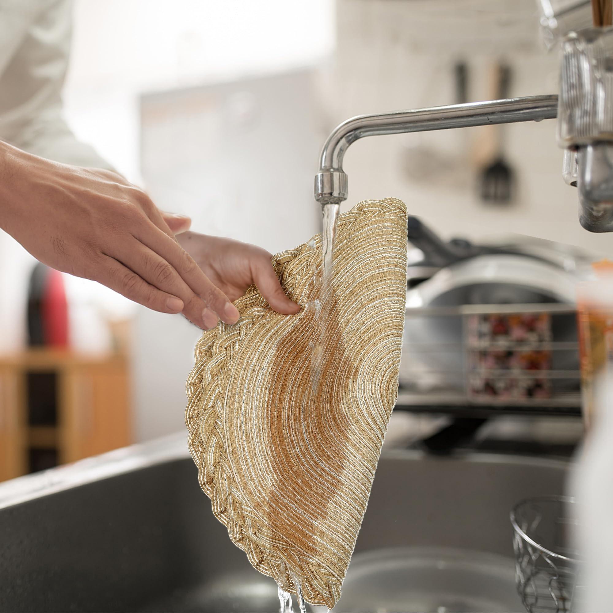 15 inch/38cm Round Placemats Set of 4 Boho Woven Braided Border Table Mats Washable Heat Resistant Circle Place Mats, Natural Style Woven Cotton Placemats for Dining Table  Party Holiday Banquets