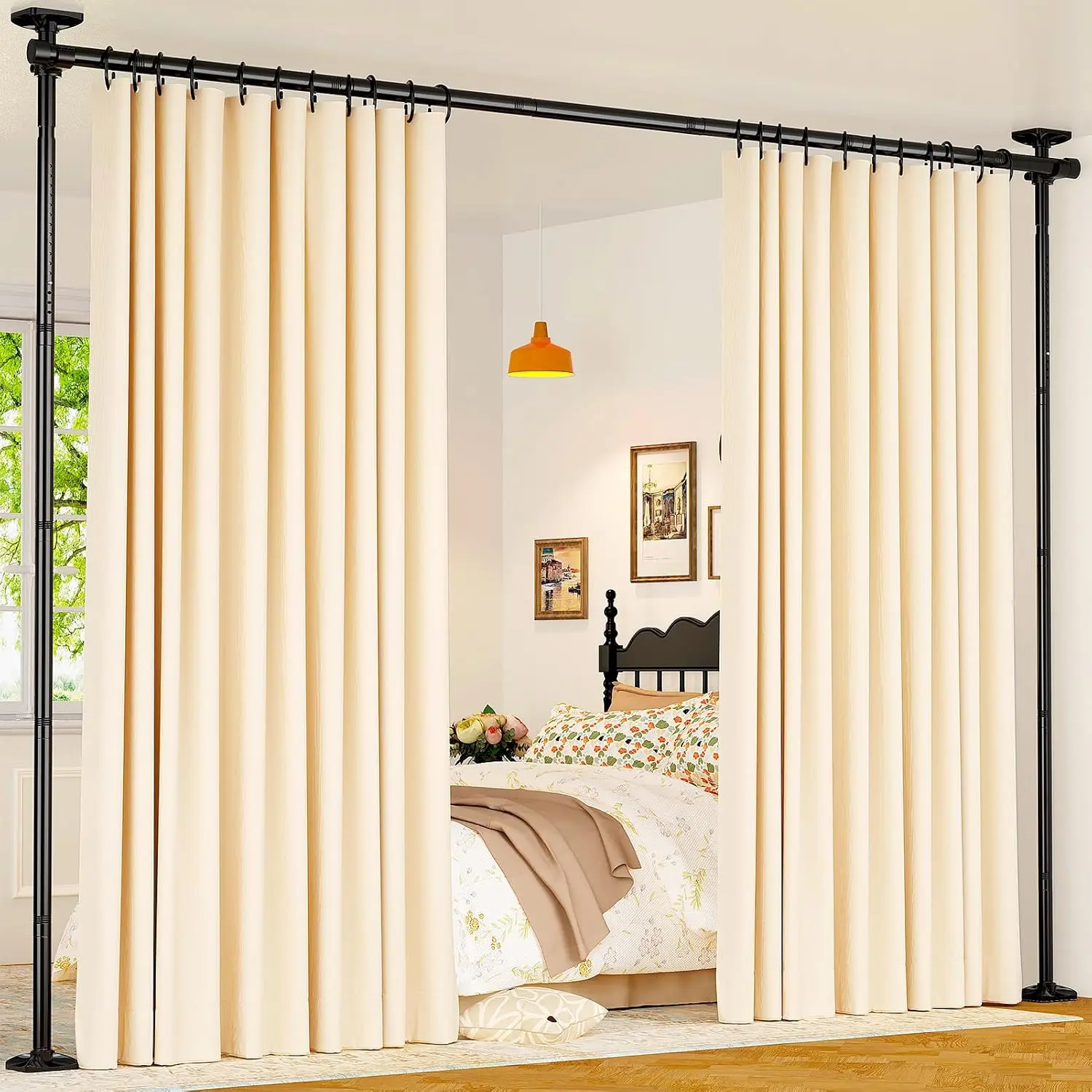 Heavy Duty Synthetic Tension Curtain Rod Room Divider, 4-10ft Height, 28-70in Width, Black, No Drilling, Adjustable Temporary Freestanding Partition for Basement (45lb Capacity)