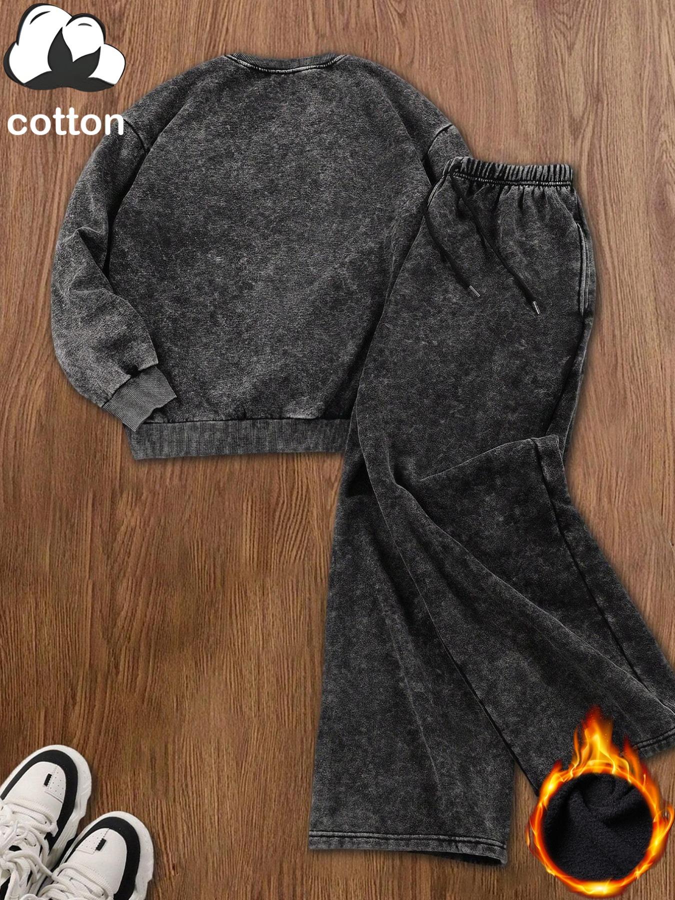 Cotton, women's vintage distressed "GOD IS GOOD" letter print, plush round neck sweatshirt and plush trousers two-piece set, loose casual long-sleeved pullover and elastic trousers, autumn and winter daily wear, plush suit