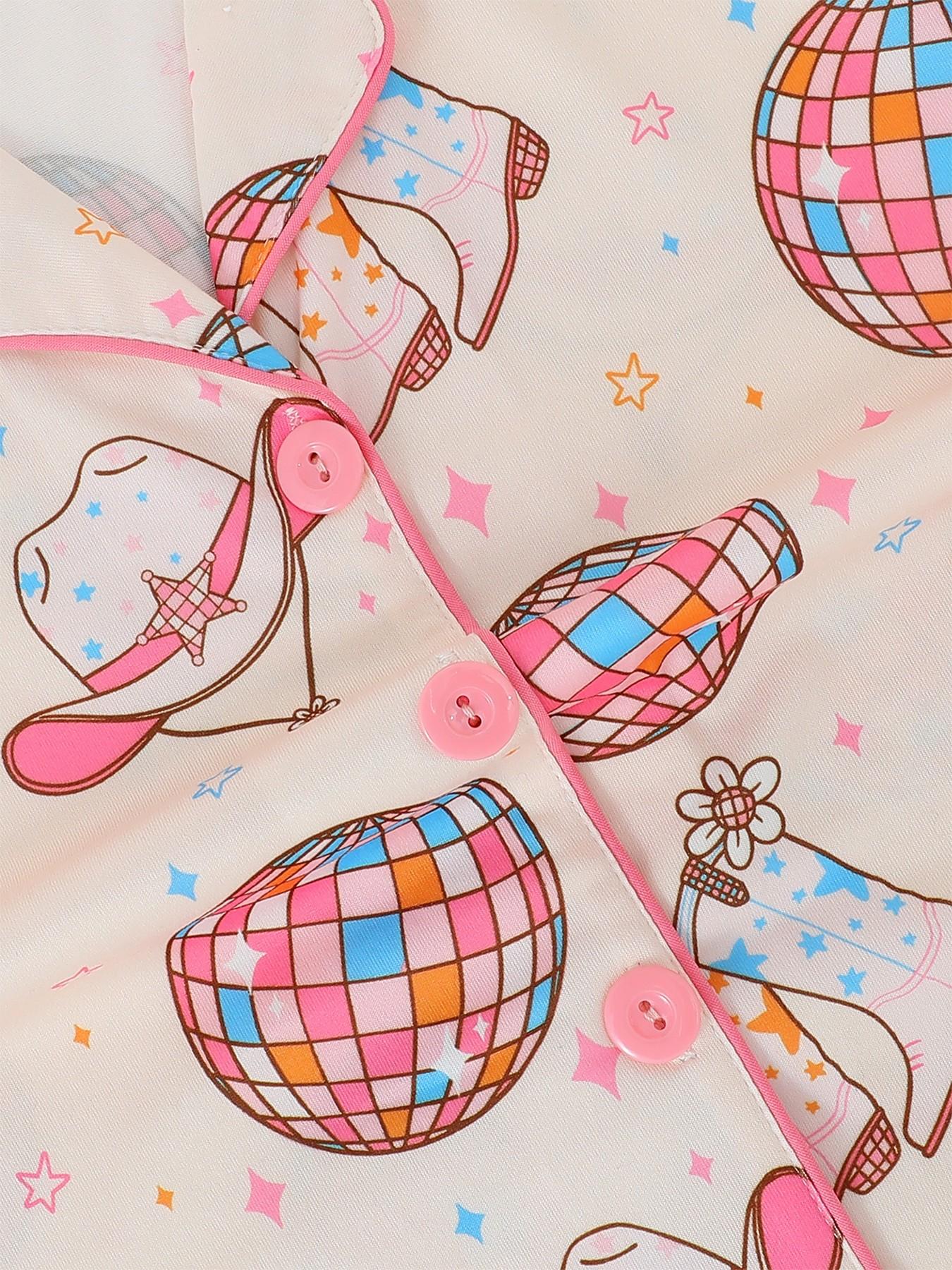 2-Piece Kids' Fire-Resistant Pajama Set, Short Sleeve Button Front, Cartoon Pattern, Loose-Fit, All Seasons, Boys & Girls