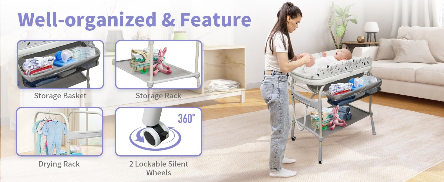 2 In 1 Safety Collapsible Baby Bathtub With Changing Table,Waterproof Diaper Changing Station Portable Travel Cute Care Baby Tub,Adjustable Height Nursery Organizer With Storage Racks For Newborn Infant Toddler Mom