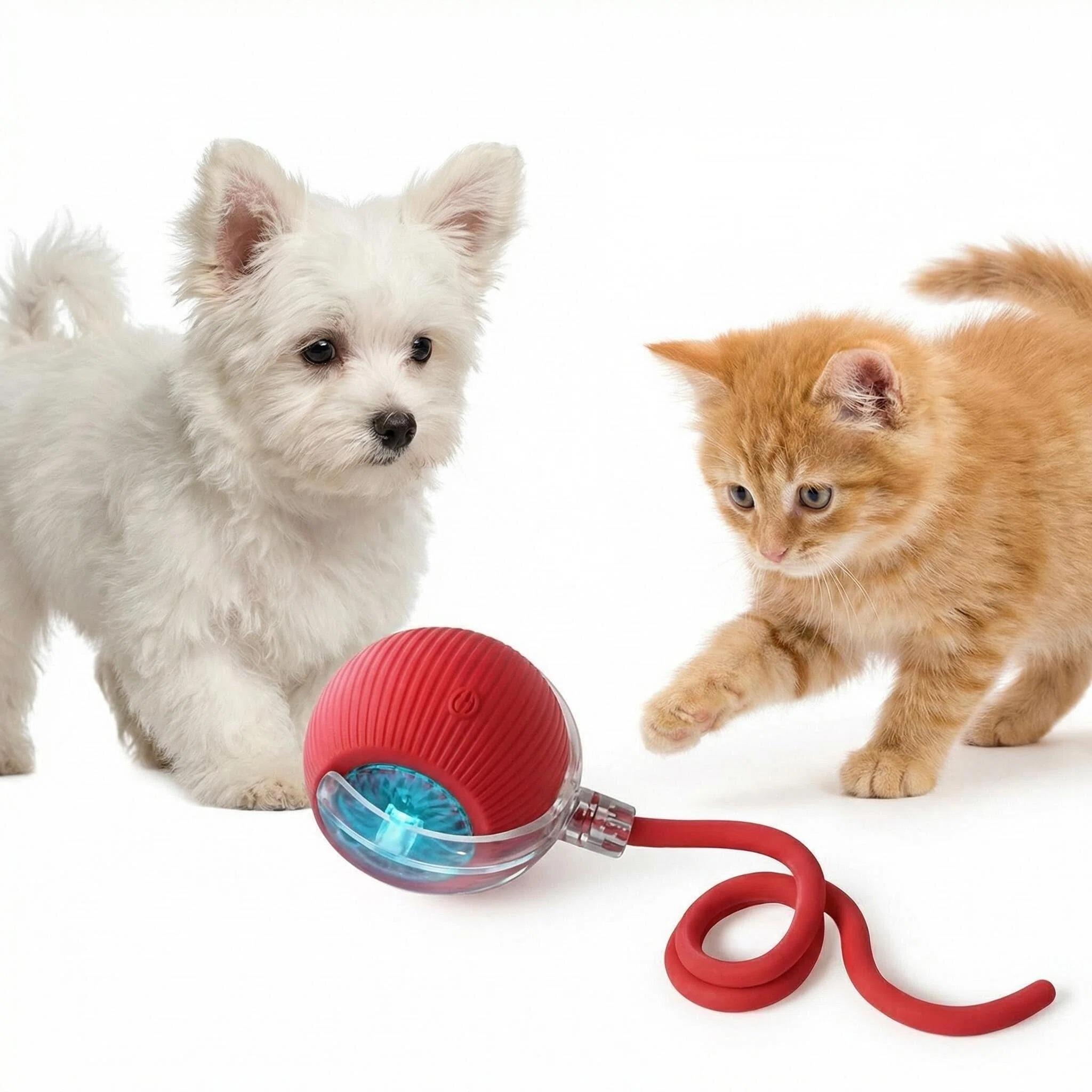Automatic Self-Playing Pet Toy - Durable TPR Smart Ball with LED Light & Long Tail, Motion Activated Interactive Dog Cat Toy for Anxiety Relief, Silent Design for Home Use