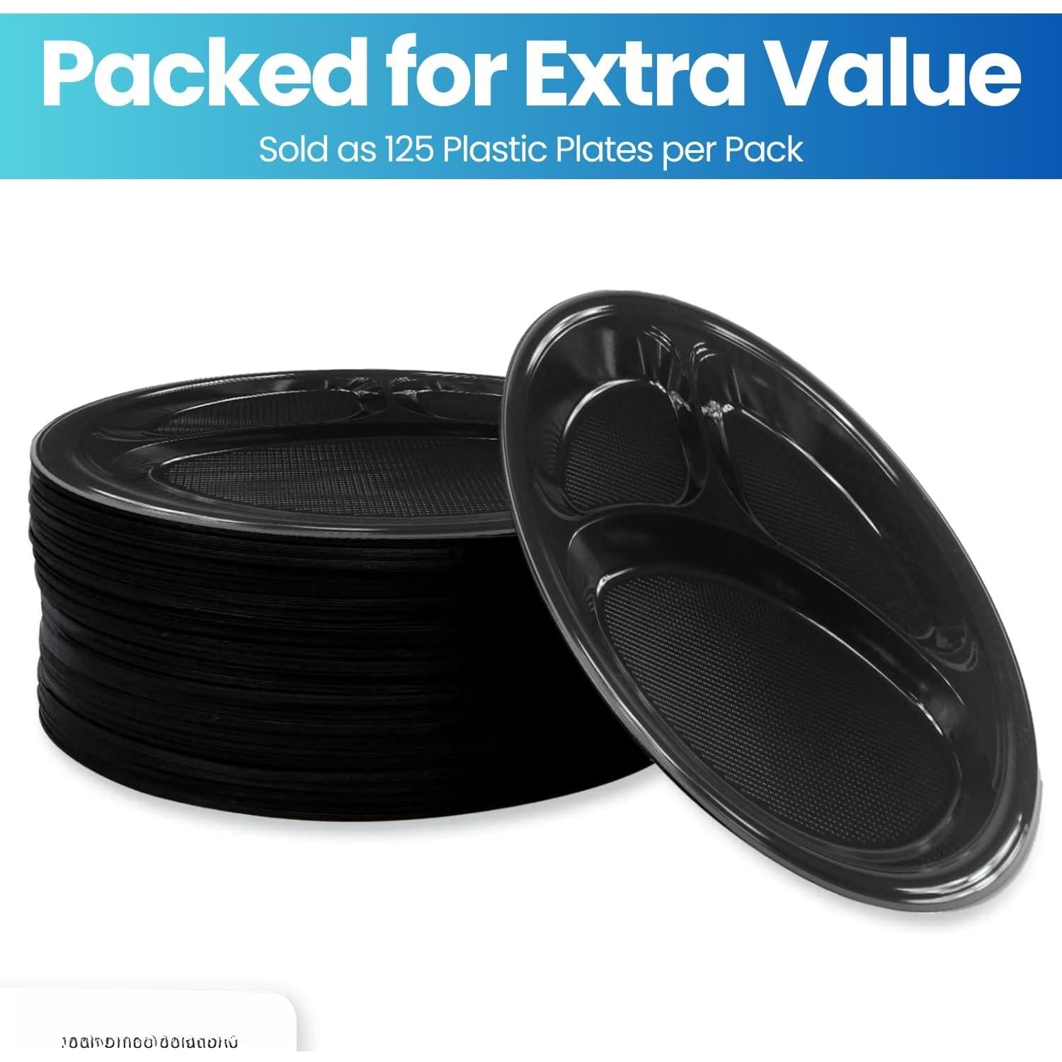 10 Inch Plastic 3 Compartment Sectional Plates, Disposable Plates with Compartment, Round Black Sectional Plates 10-Inch Diameter, 125 Pack