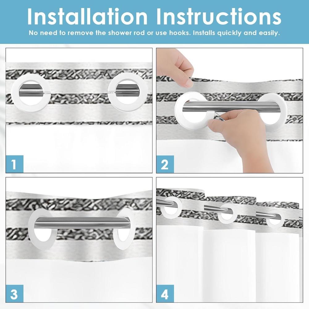 1pc hookless removable shower curtain with buckle lining, black and white striped geometric patchwork design, 2D flat printing, fabric waterproof lining, see-through double-layer shower curtain, 71 x 74 inches, modern home draping curtain