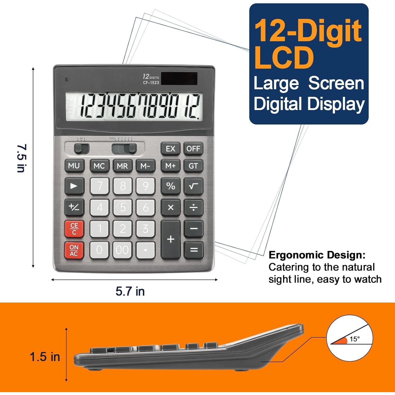 Desktop Calculator 12 Digit with Large LCD Display Big Buttons Basic Standard Function Solar Calculator with  Desk Calculators for Office School  CF-1523