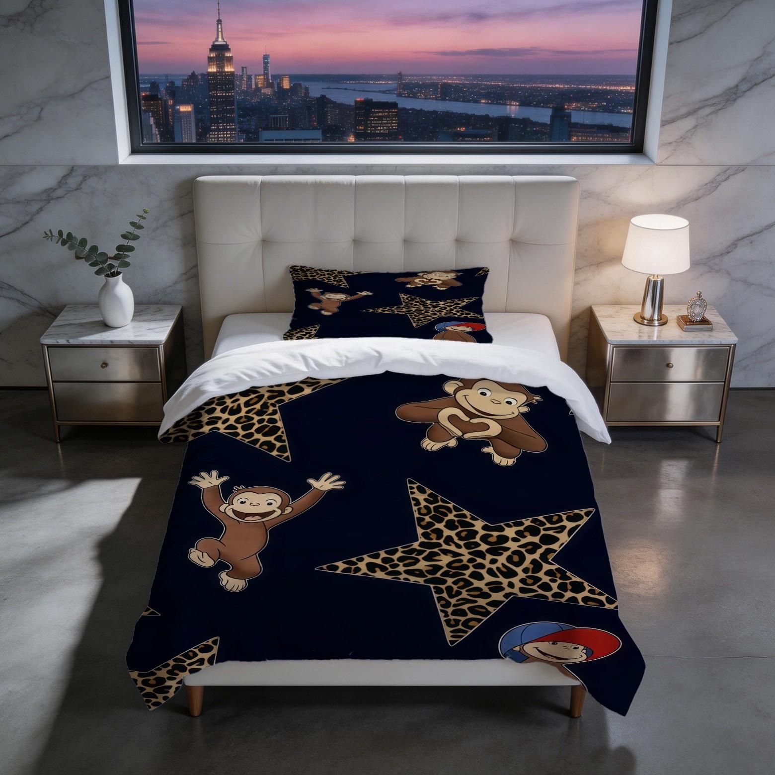 2/3 Piece Curious George Duvet Cover Set, 1 Duvet Cover + 1/2 Pillowcases NO FILLING INCLUDED, Cute Cartoon Monkey Leopard Star Bedding, Kids Bedroom Decor for Boys Girls Teens, Ideal Gift for Curious George Fans