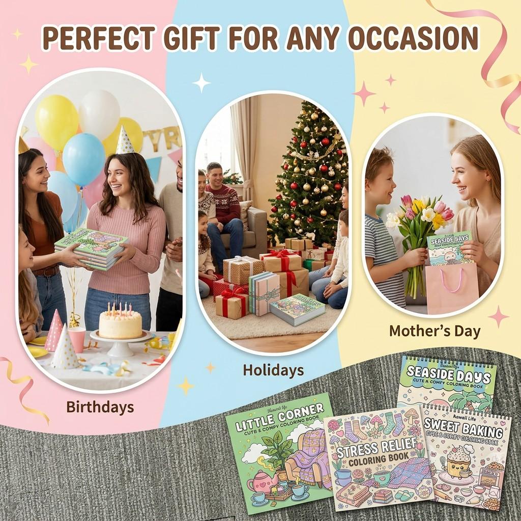 Kawaii Coloring Book Set - 4pcs Little Corner, Seaside Days & Sweet Baking Themes for Stress Relief - High-Quality Opaque Paper, Beginner-Friendly Vibrant Illustrations for Teens, Adults & Elderly - Perfect Gift for Easter, Birthdays & Holidays