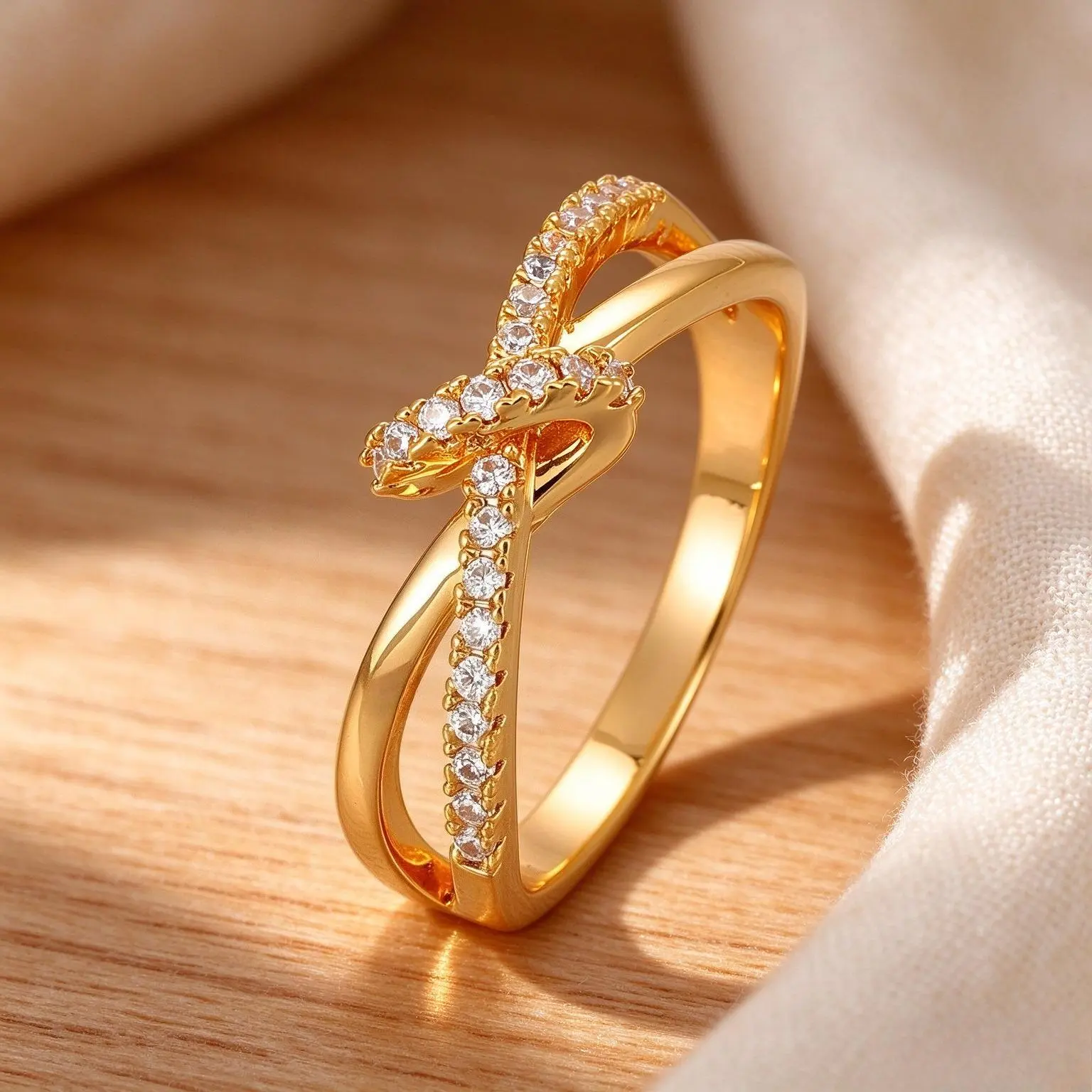 Women's Dainty Knot Intertwined Ring - Gold-Tone Metal Coated, CZ Paved Twisted Cross Band, Sizes 6-10 Casual Fashion Costume Jewelry for Birthday Gift