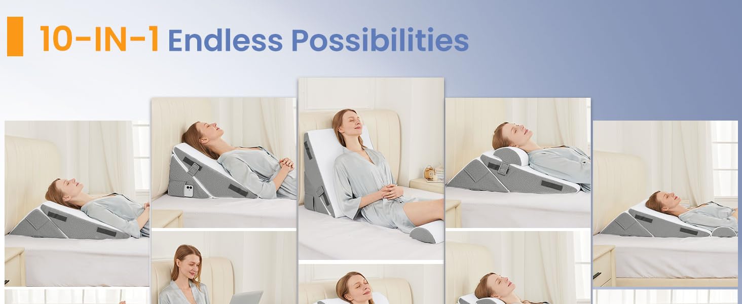 Sasttie Supportive 2PCS Adjustable Size Bed Wedge Pillow Set with Memory Foam Neck Rest Cushion - Post-Surgery, Acid Reflux, Sleeping Use, Dark Grey & White