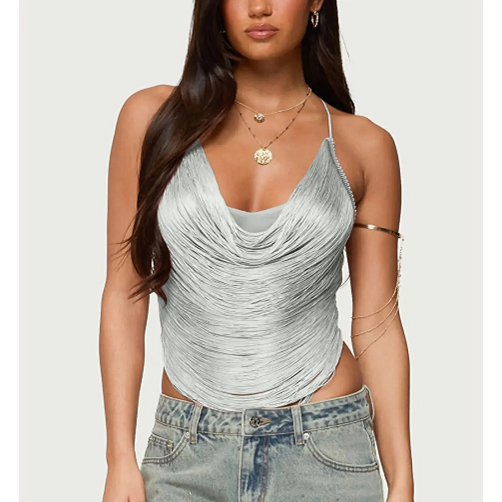 Women´s Fringe Sparkly Crop Top Sequin Cowl Neck Fringed Halter Cami Tank Tops Y2k Disco Rave Club Outfits