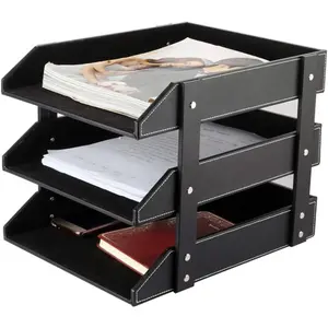 Leather Desk File Organizer, 3-Layer Stackable Tray, Used to Store documents, folders, Stationery, Magazines, Newspapers, Letters, and Other Home Office Sundries Desktop Organization Holder(Black)-